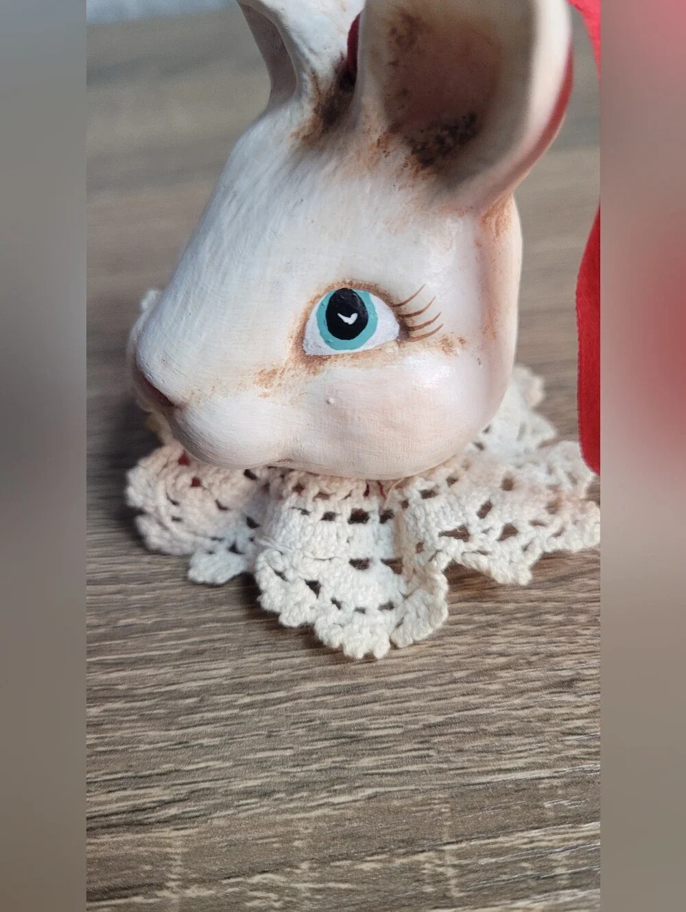 Vintage Whimsical Hand-Painted Bunny Rabbit Ornament W/ Lace Collar Farmhouse